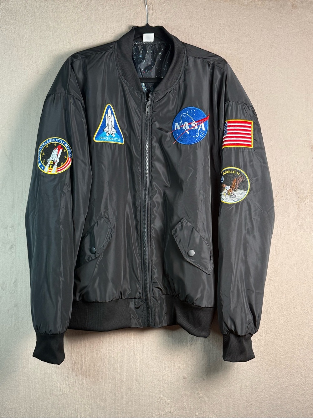 NASA Bomber Jacket XL Black Space Patches Galaxy Lining Y2K